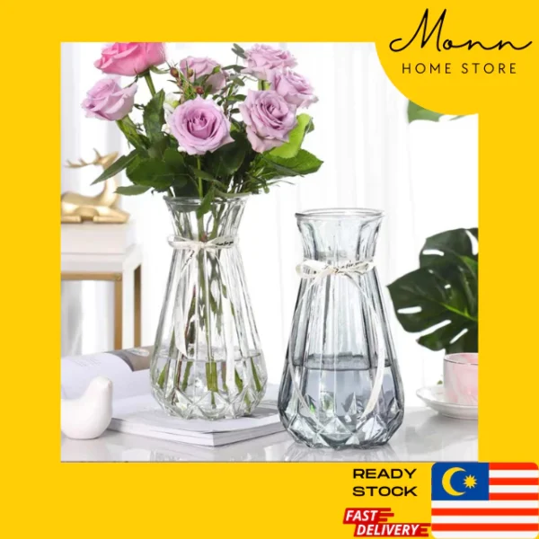 READY STOCK MONN 25cm European Style Clear Vase for Home Office Flower Deco Pasu Bunga Lutsinar European