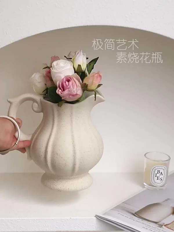 Ready Stock SONDER Ceramic Vase with Handle Modern Farmhouse Pitcher Vase for Home Decor Rustic Pottery Vase Decorative Flower Vase Clay Vase Centerpieces for Living Room