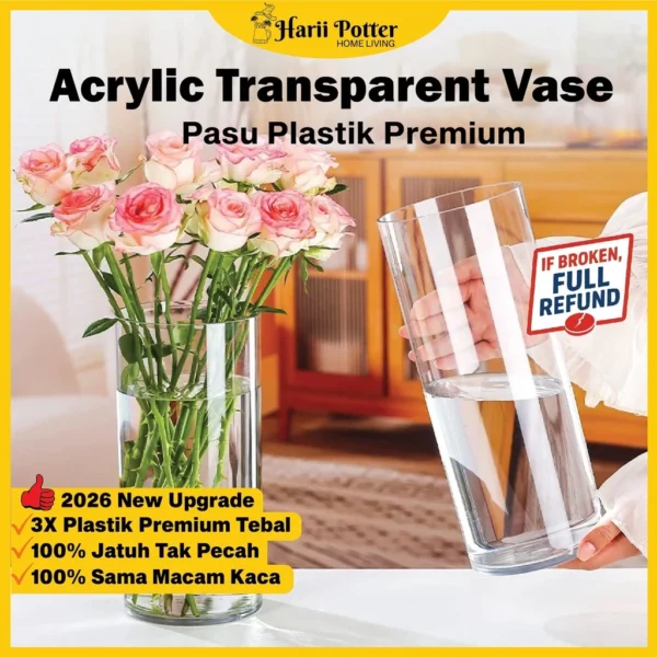 Clear Vase Pasu Plastik Hiasan Transparent Vase Decor Flower Pot